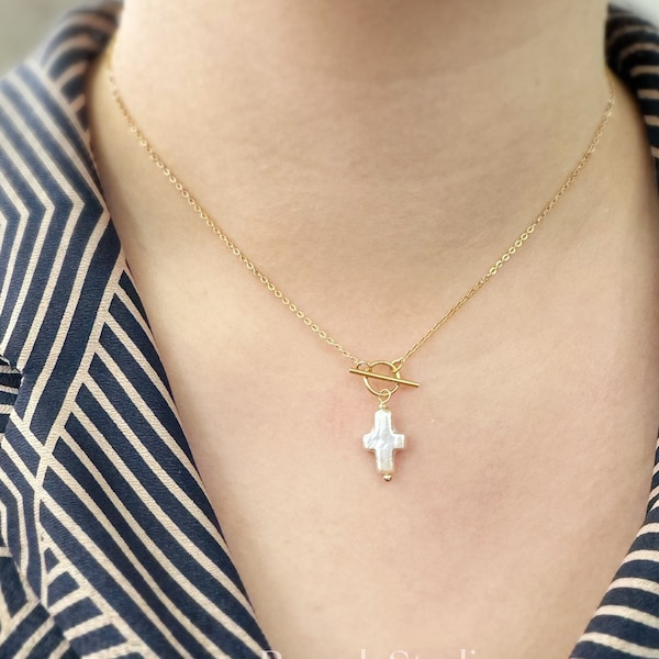 Statement Cross Pearl necklace | baroque cross |  18k Gold Plated Stainless steel  | Religious Jewelry | Catholic Gifts | cross jewelry