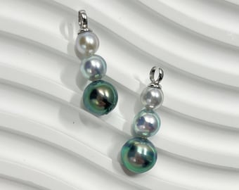 Multi Color Triple Akoya & Tahitian Pearls Pendant | simple and elegant | white / blue Akoya | Gem Blue Green Tahitian