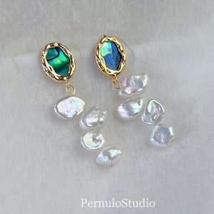 Orecchini di perle d'acqua dolce con petali barocchi / grande lucentezza / orecchini pendenti / orecchini a bottone S925 / orecchini da sposa / abalone e madreperla