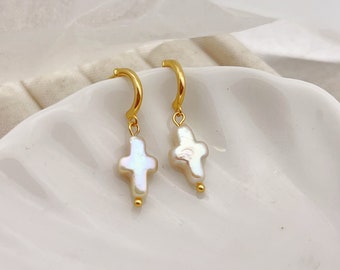 Freshwater Pearl Mini Cross Earrings: Gold Hook Dangle Earrings studs | dangle earrings-Cross Jewelry | Gift for her