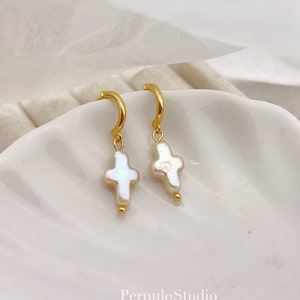 Freshwater Pearl Cross Earrings: Gold Hook Dangle Earrings