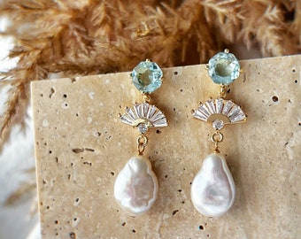 Baroque Pearl Bridal Earrings: Sky Blue Art Deco Gold Fan