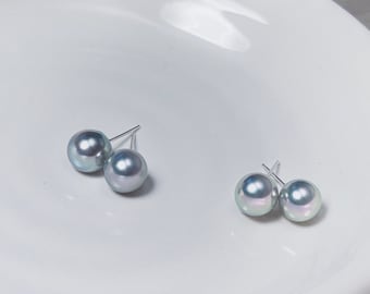 18k Gold  | 7mm |  Sliver Blue Akoya Pearl Earrings Stud | Rose overtone | dainty earrings | Seawater Pearl | Japanese Akoya | Sliver S925