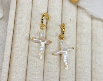 Pearl cross Hook earrings | White freshwater pearl dangle earrings | bridal earrings | statement earrings | big cross earrings |cross pearl