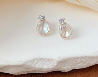 Keshi Pearl Earrings: Sterling Silver, white Baroque Studs with CZ