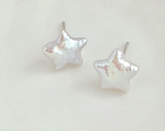 12-13mm / Pendientes de perlas de agua dulce blancas barrocas estrella / Forma de estrella / regalo de dama de honor / pendientes de boda / Pendientes de perlas estrella