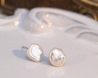 Small Baroque Pearl Ear Studs | Dainty Freshwater Keshi Pearl Earrings | Tiny Ear Studs | Sterling Silver | 18K Gold