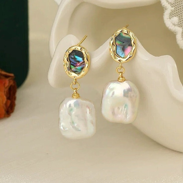 Baroque Rectangle Freshwater Pearl Earrings | Square Shape Ear Dangle | S925 Studs | Bridal Earrings | Abalone & Mother of Pearl