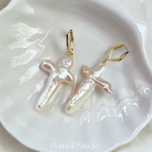 Pearl cross earrings | freshwater pearl dangle earrings |bridal earrings chunky statement earrings, big cross earrings |cross pearl earrings