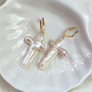 Pearl cross earrings | freshwater pearl dangle earrings | Bridal earrings statement earrings | big cross earrings | Pearl Hoop earrings