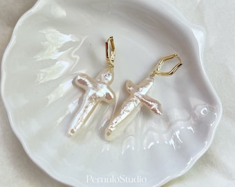 Baroque Pearl Cross Earrings: 18K Gold Plated Sterling Silver Hoops