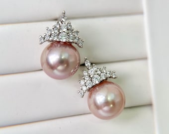 Pink Majesty Pearl Earrings: Freshwater pearl | Regal Elegance with Cubic Zirconia Accents
