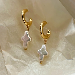 Pearl cross earrings | freshwater pearl dangle earrings |bridal earrings chunky statement earrings |cross pearl earrings