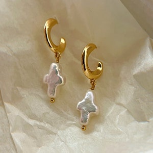 Mini Cross earrings | Freshwater pearl dangle earrings | Bridal earrings | Statement cross earrings | Hook earrings | Christian Gift for her