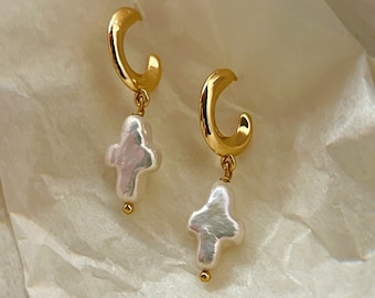 Pearl cross earrings | freshwater pearl dangle earrings |bridal earrings chunky statement earrings |cross pearl earrings