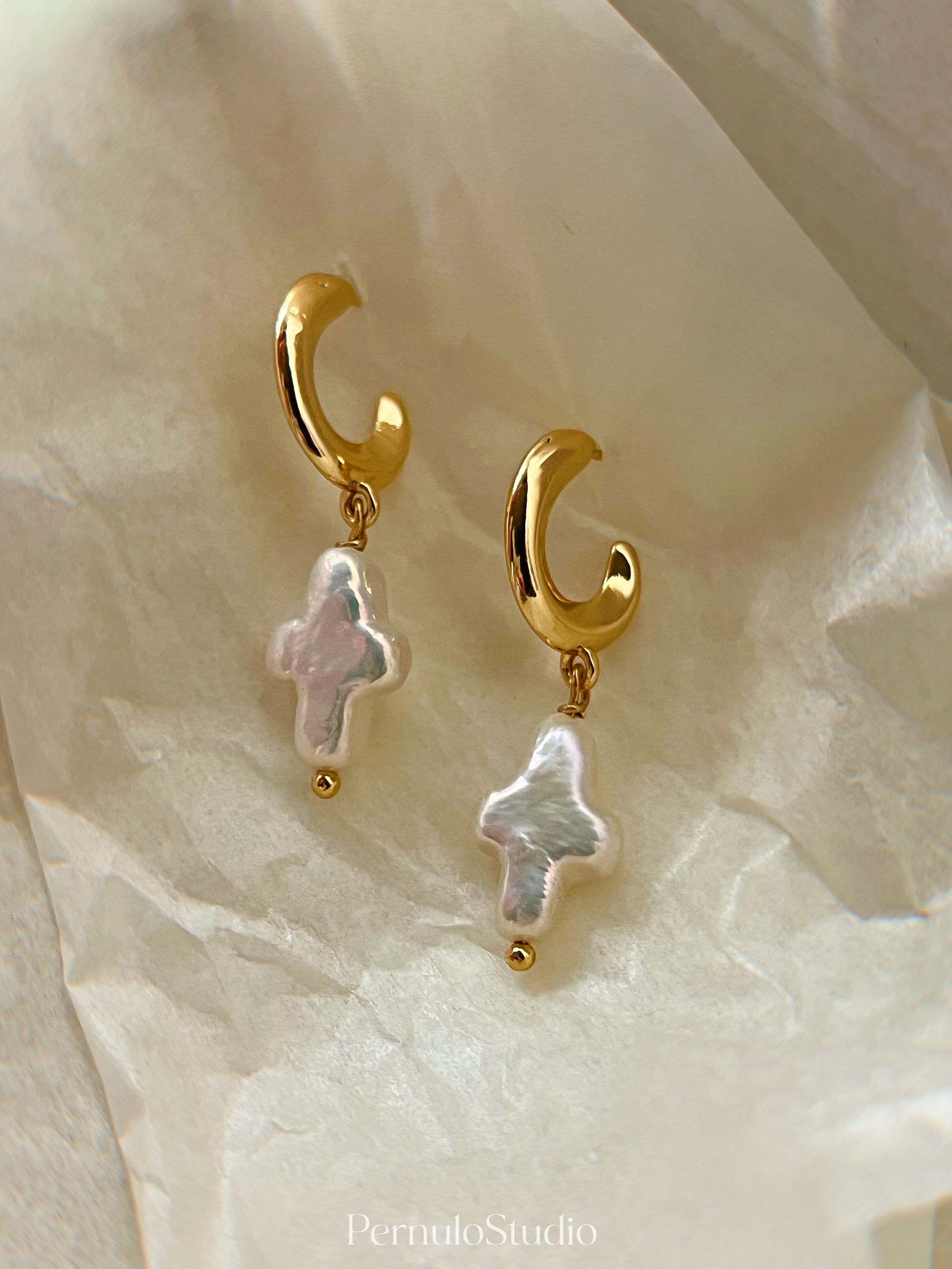 Mini Cross earrings | Freshwater pearl dangle earrings | Bridal earrings | Statement cross earrings | Hook earrings | Christian Gift for her