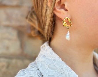 Baroque Pearl Drop Earrings: 18K Gold Plated Sterling Silver Bridal Jewelry