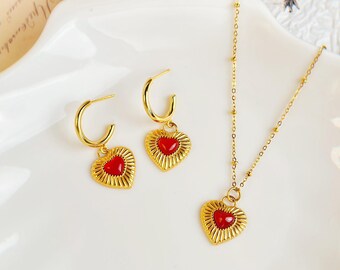 Red Agate Heart Necklace: 18K Gold Plated Pendant & Earrings