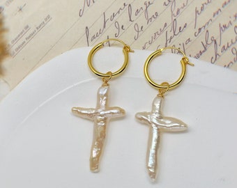 Freshwater Pearl Cross Earrings: Sterling Silver Hoop Dangle Earrings | Religious Jewelry | 18kG/ Sliver | Catholic Gifts |
