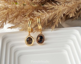 May include: A pair of gold-colored hoop earrings with oval-shaped, brown tiger's eye pendants. The earrings are displayed on a white surface with dried plants in the background. The earrings have a polished finish.