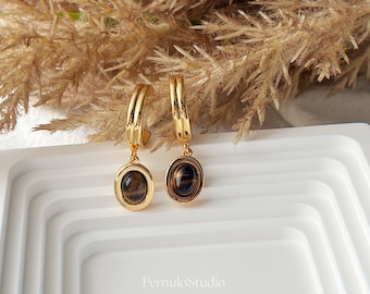 Natural Tiger eyes stone | Gold Earrings | S925 Post  Earrings | Vintage Gold Shell Earring | 18k gold finish