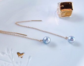 Gray Akoya Pearl Threader Earrings | Blue Akoya Pearl | 6.5-7mm | Saltwater | Baroque Pearl | 14k goldfill | bridesmaids earrings