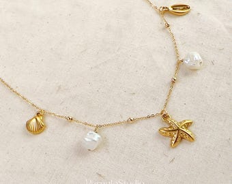 Keshi Pearl Seashell Necklace: Gold Plated Waterproof Beach Jewelry