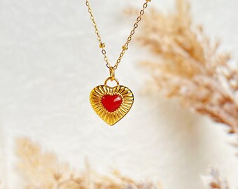 Red Agate Heart Necklace: 18K Gold  Stainless Steel necklace, Valentine’s Day jewelry set