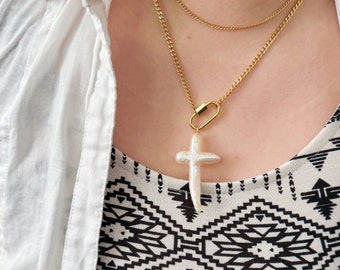 Pearl Cross Necklace: Gold Carabiner Lock, Religious Jewelry