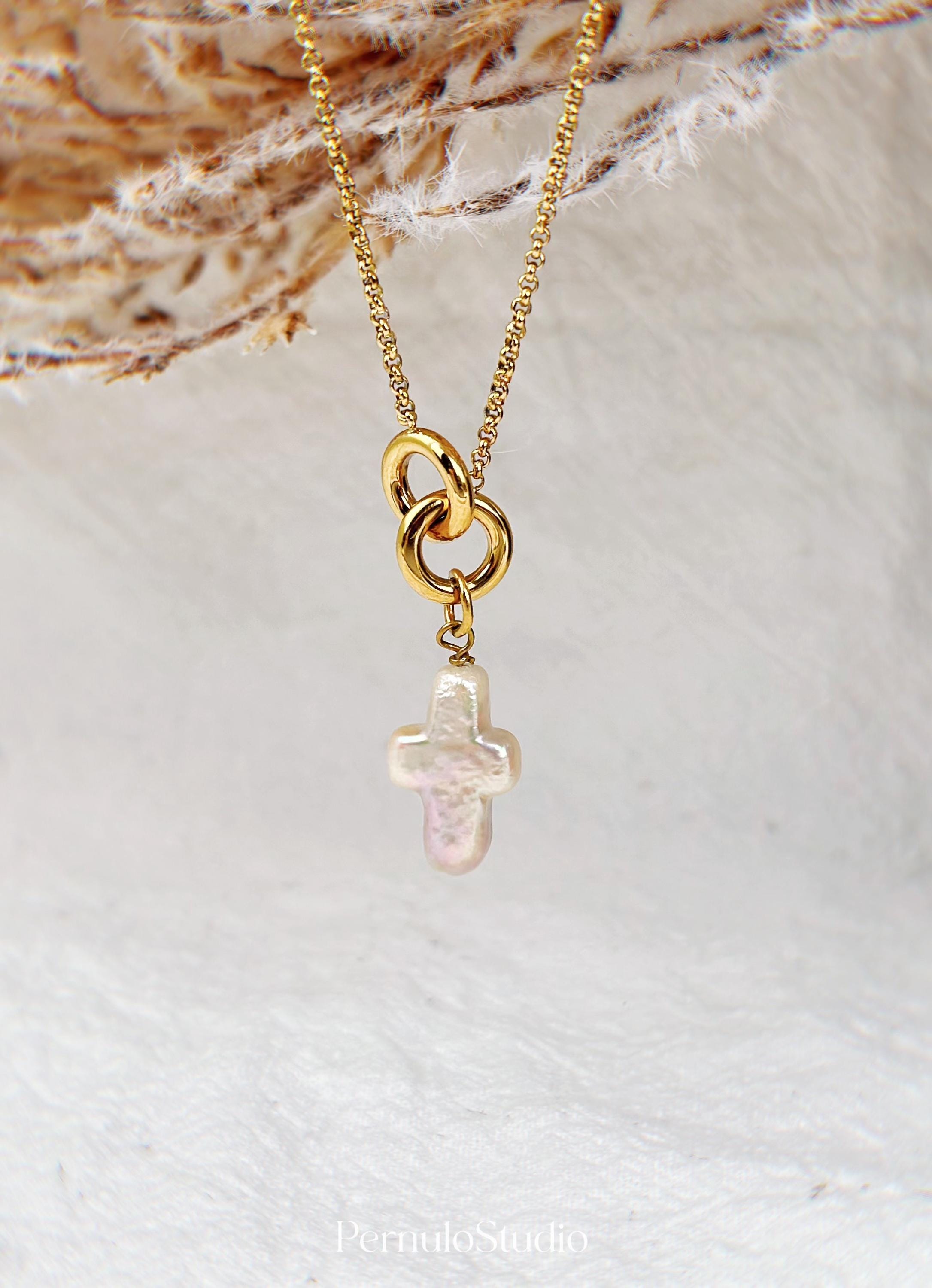 Baroque Pearl Cross Necklace: 18k Gold Interlocking Rings, Religious Gift