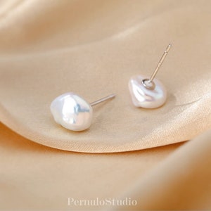 Small Baroque Pearl Ear Studs Dainty Freshwater Keshi Pearl Earrings Tiny Ear Studs Sterling Silver 18K Gold image 2