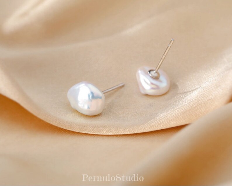 Small Baroque Pearl Ear Studs Dainty Freshwater Keshi Pearl Earrings Tiny Ear Studs Sterling Silver 18K Gold image 2