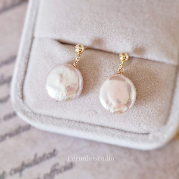 Freshwater thick flat coin pearl  14K goldfilled | dropping earrings | White pearl | Pearl | simple baroque earrings | Mother’s day gift