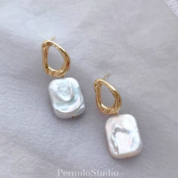 Genuine Baroque Rectangle Freshwater Pearl Earrings | Square Shape Ear Dangle | S925 Studs | Keshi Pearl Earrings | Bridal Earrings