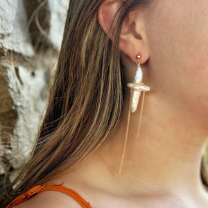 Baroque Freshwater Pearl Cross Earrings: Gold Tassel Dangle
