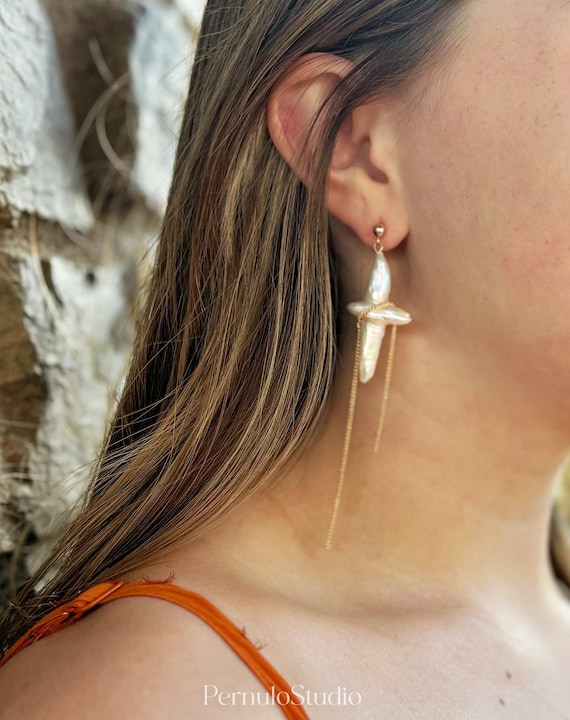 Pearl Cross Earrings Freshwater Pearl Dangle Earrings Gold Tassel Earrings Statement Earrings Big Cross Cross Pearl Earrings Etsy UK