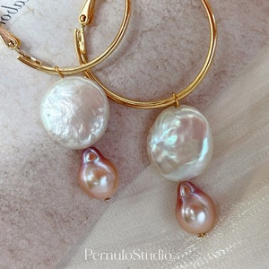 Baroque Freshwater Pear hoop Earrings | Bridal Statement Earrings | Pearl Earrings, Art Deco | Metallic Purple & white | Bridal Jewelry
