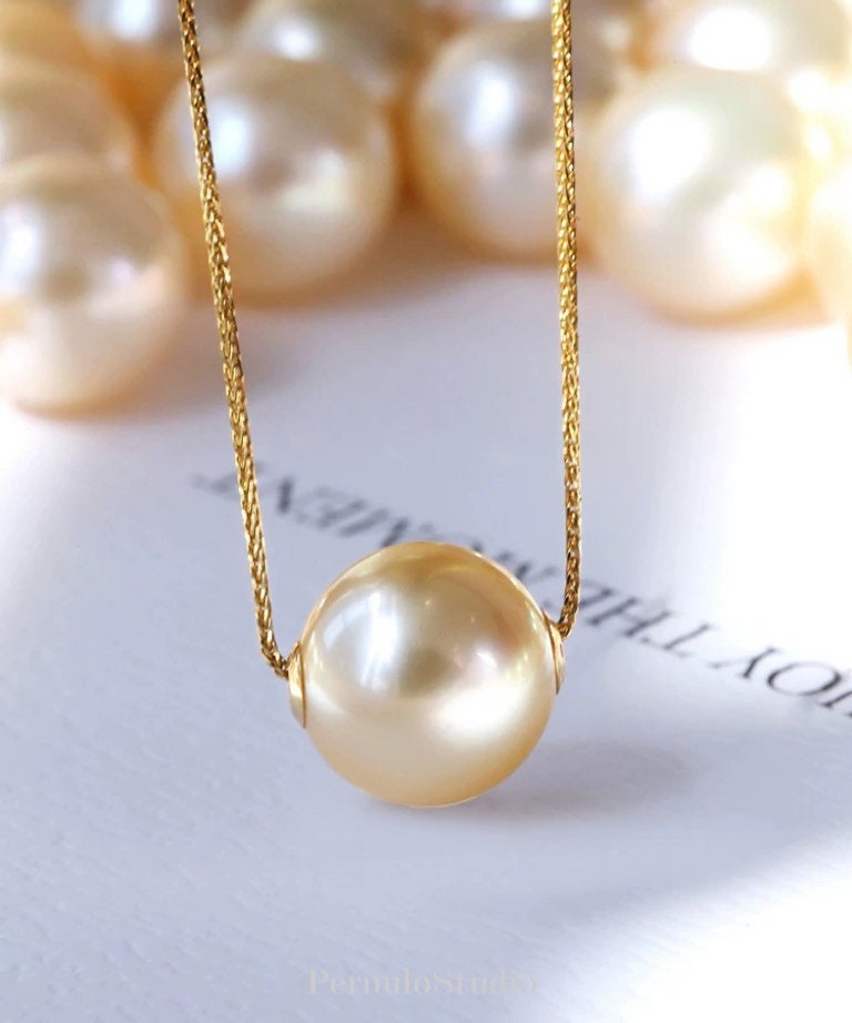 Golden South Sea Pearl Floating Necklace 18k AAA Medium - Etsy