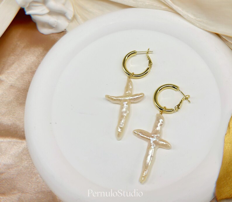 Pearl Cross Hoop Earrings Freshwater Pearl Dangle Earrings bridal ...