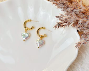 Pearl Heart Hoop Earrings: 18k Gold, S925 Silver, Minimalism dangle earrings, Valentine’s Day jewelry
