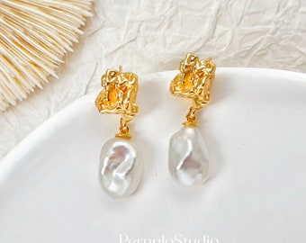 Big Keshi Pearl Earrings: Baroque Dangle | Baroque Freshwater Pearl | S925 Studs | Handmade Wedding Jewelry | Bridal Earrings | Gift For Her