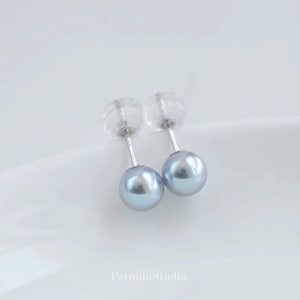 7mm | AAAA | Japanese sliver Akoya Pearl earrings stud | Sterling Sliver 925 |light Blue Akoya Pearl | Salt water pearl |