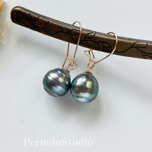 14k GF Tahitian Pearl Drop Earrings: Ringed Black Pearl, French Style