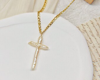 Baroque Freshwater Pearl Cross Necklace: Gold Religious Jewelry