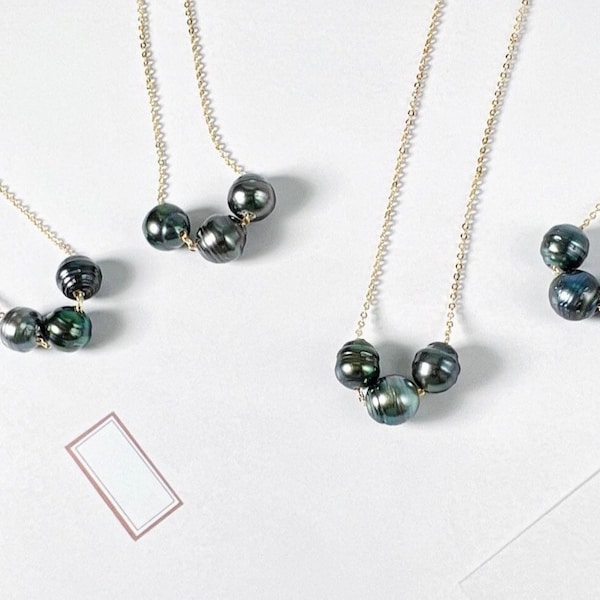 Tahitian Pearl floating necklace | triple floating necklace | Black Pearl necklace | 14k gold filled | 18k GP | Saltwater Pearl |