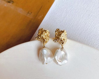 Big Keshi | Genuine KESHI Baroque Freshwater Pearl Earrings | baroque Shape Ear Dangle | S925 Studs | Keshi Pearl Earrings | Bridal Earrings