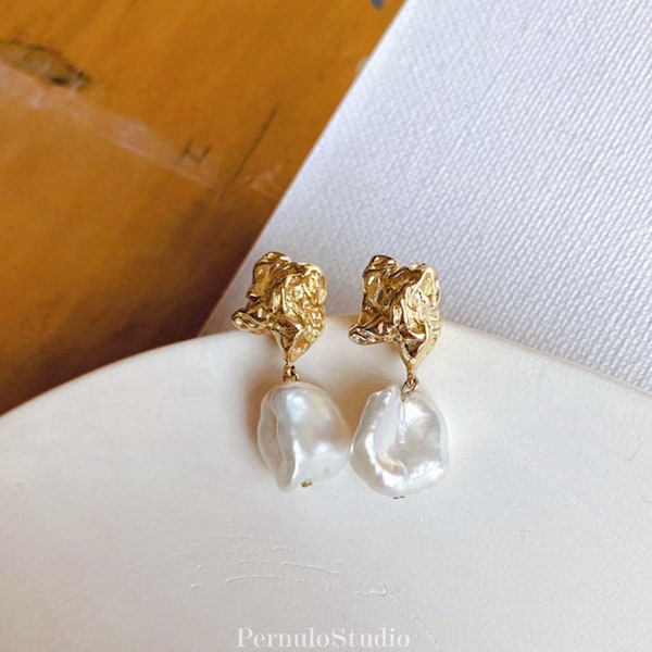 Big Keshi | Genuine KESHI Baroque Freshwater Pearl Earrings | baroque Shape Ear Dangle | S925 Studs | Keshi Pearl Earrings | Bridal Earrings