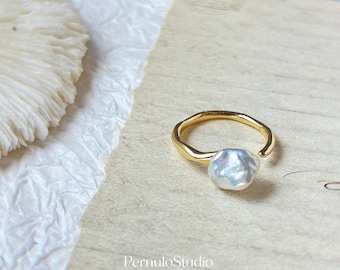 7-10mm Small Baroque Pearl ring | Dainty Freshwater Pearl Ring | minimalist Jewelry | Adjustable Ring| 18K GP | White Keshi Baroque|