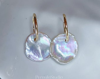 Beautiful iridescence | Big Keshi Petal Pearls Earring hoops | Natural Baroque Pearl | Minimalist | Genuine Freshwater Pear l Gifts For Her
