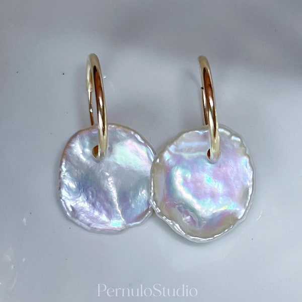 beautiful iridescence | Big Keshi Petal Pearls Earring hoops | Natural Baroque Pearl | Minimalist | Genuine Freshwater Pearl Gifts For Her